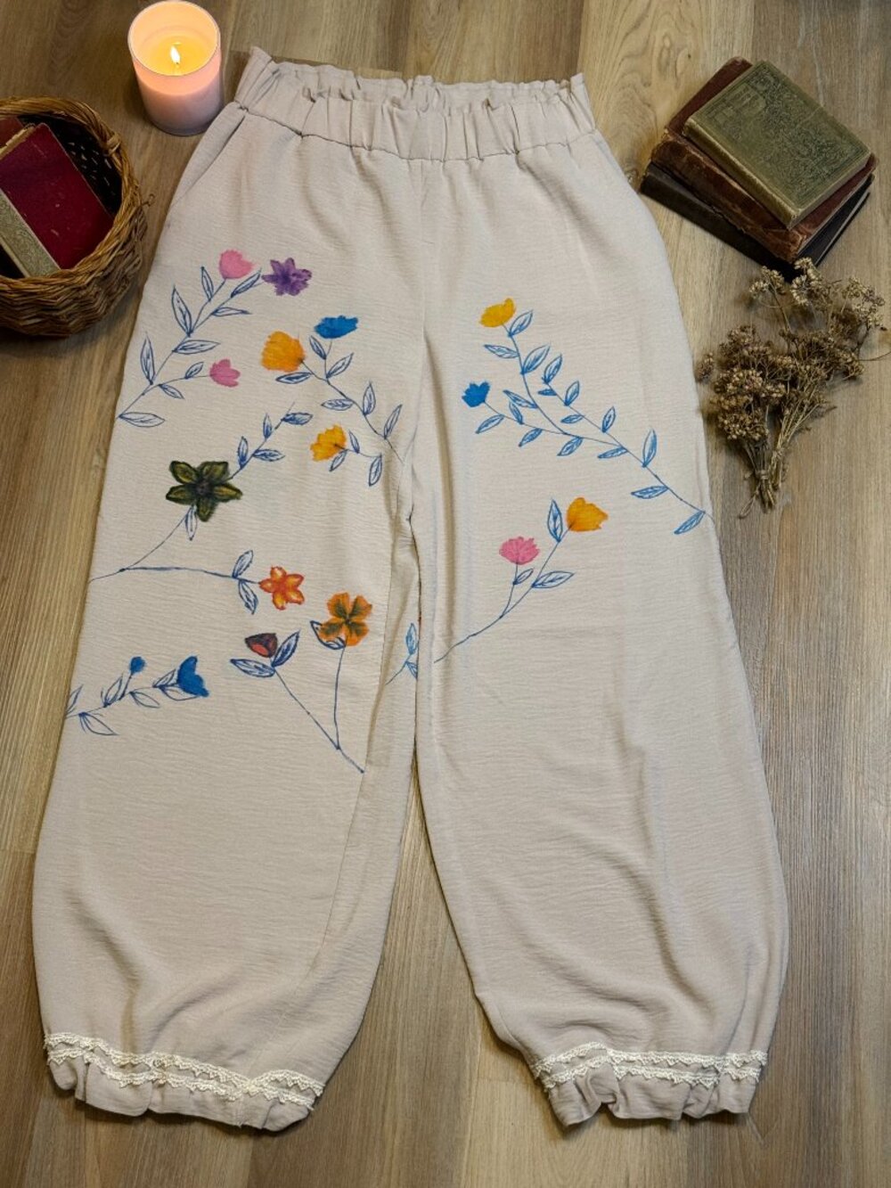 Hand Painted Upcycled Cottagecore Harem Boho Balloon Pants - Picture 2 of 8